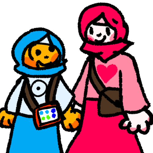 a yellow person wearing a blue hijab, a long sleeve light blue shirt, and a long blue skirt, with the disability sun on their shirt holding the hand of a taller  white person wearing a pink hijab, a light pink long sleeved shirt, and a long pink skirt, with a pink heart on their shirt. The yellow person has an aac device strapped on while the Caregiver has a brown bag.